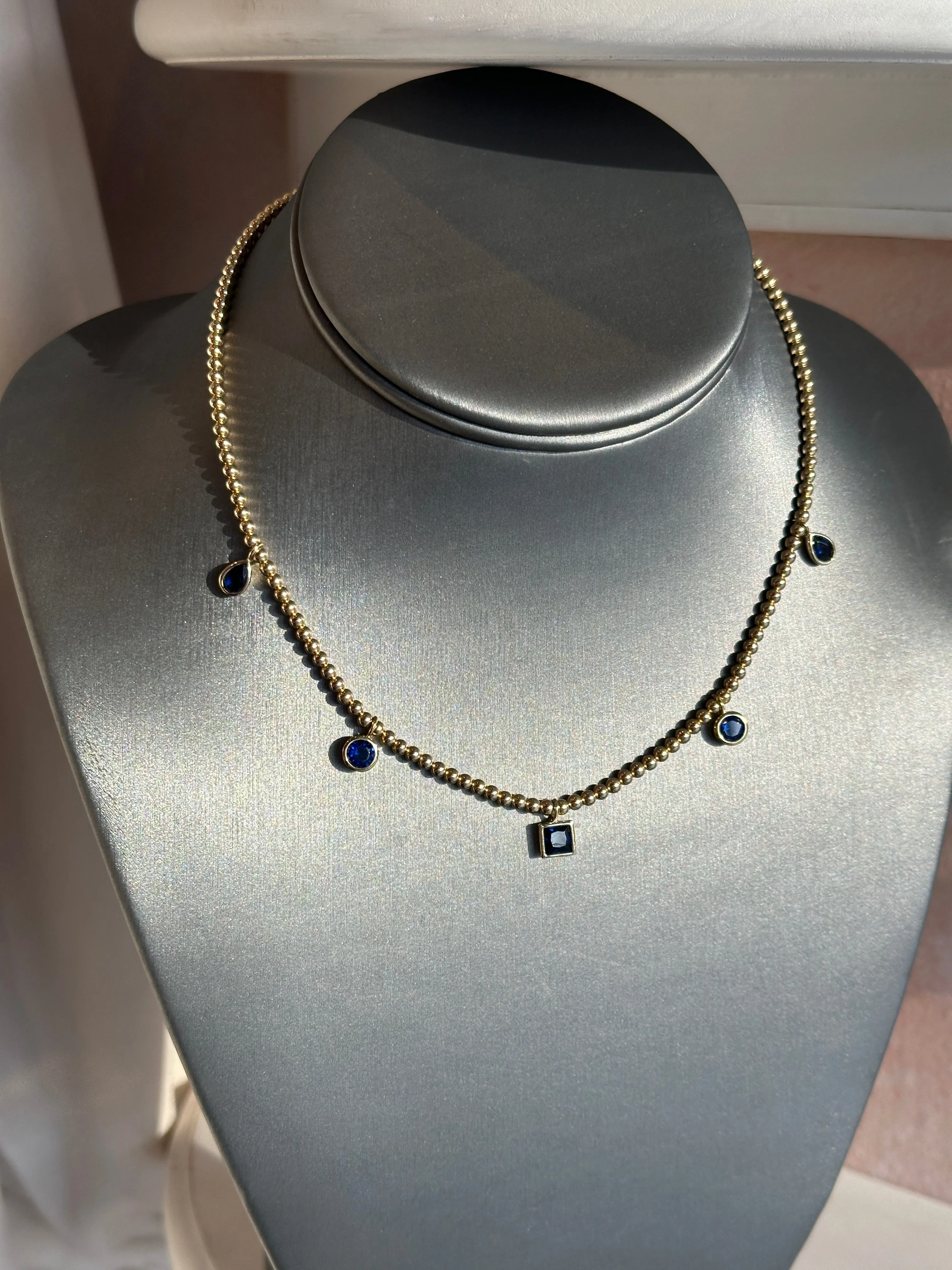 14K Gold Beaded Multi Bezel Necklace