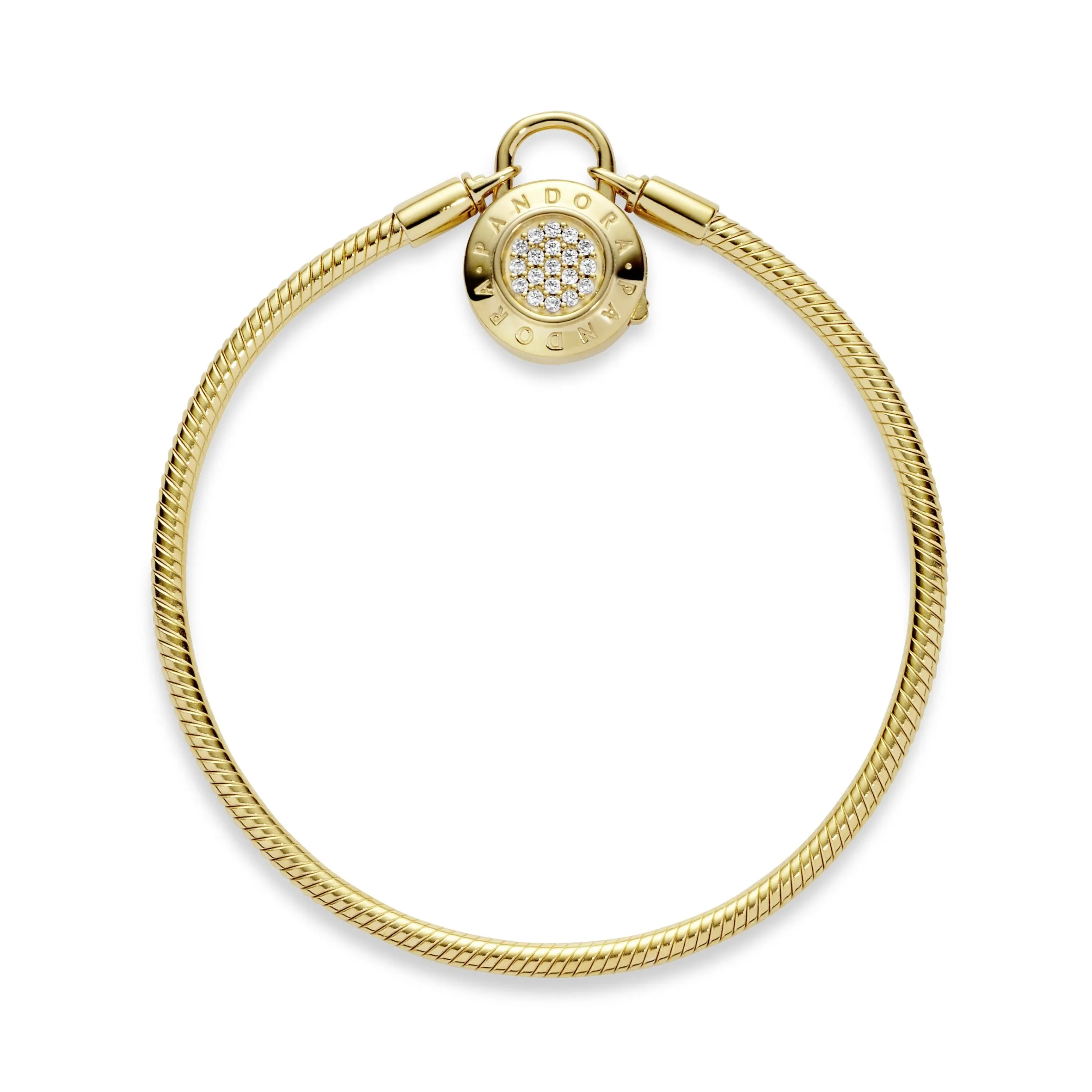14k Gold Plated  snake chain bracelet and PANDORA logo padlock clasp with clear cubic zirconia