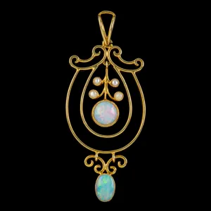 Antique Edwardian Opal Pearl Pendant 15Ct Gold Circa 1910