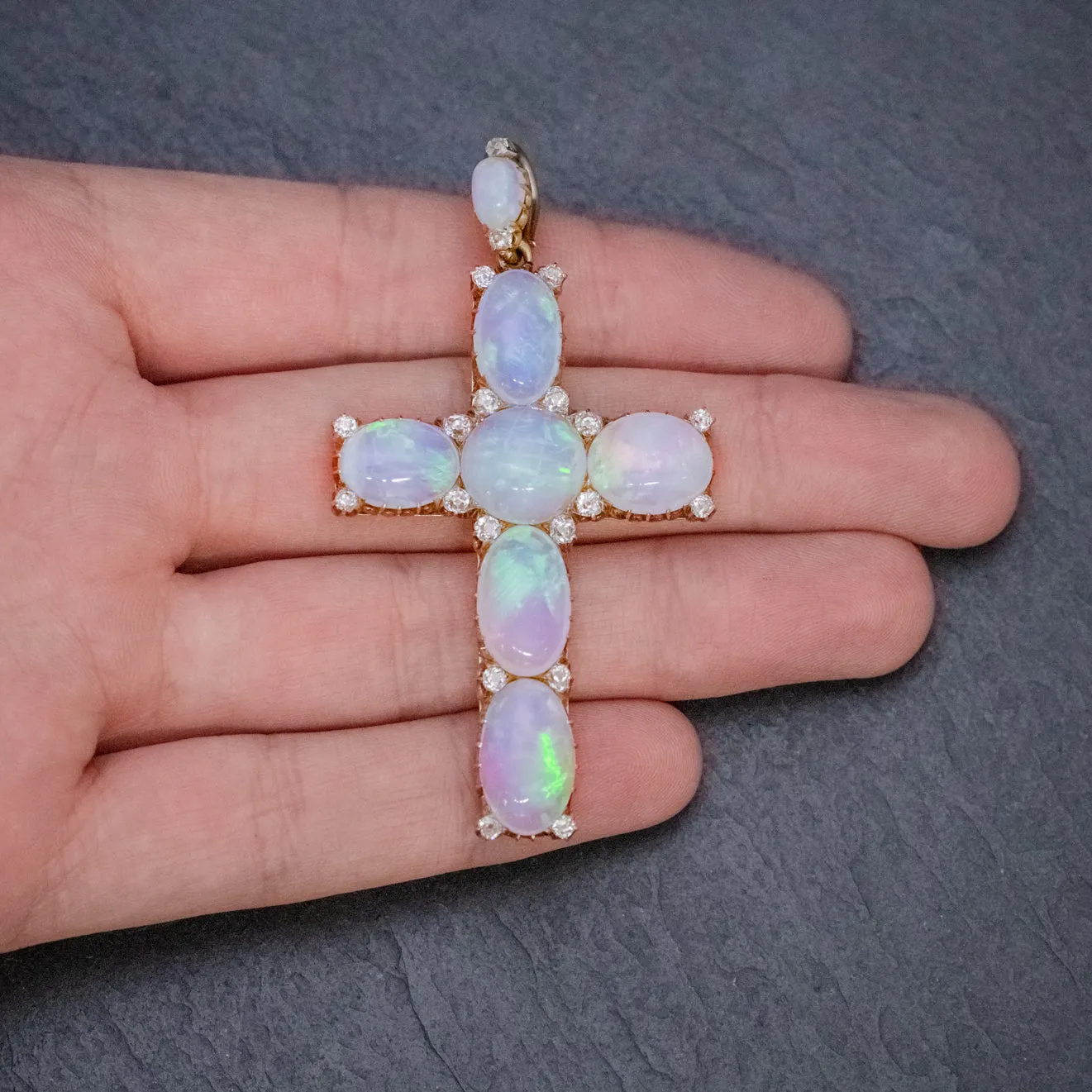 Antique Victorian 35Ct Opal Cross Pendant Diamond 18Ct Gold Circa 1900