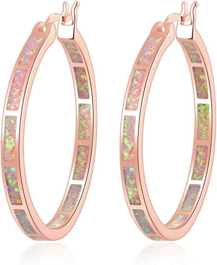 CiNily Opal Hoop Earrings,Women Jewelry Rhodium Plated/Rose Gold or Yellow Gold Plated Gemstone Big Hoop Earrings 32mm