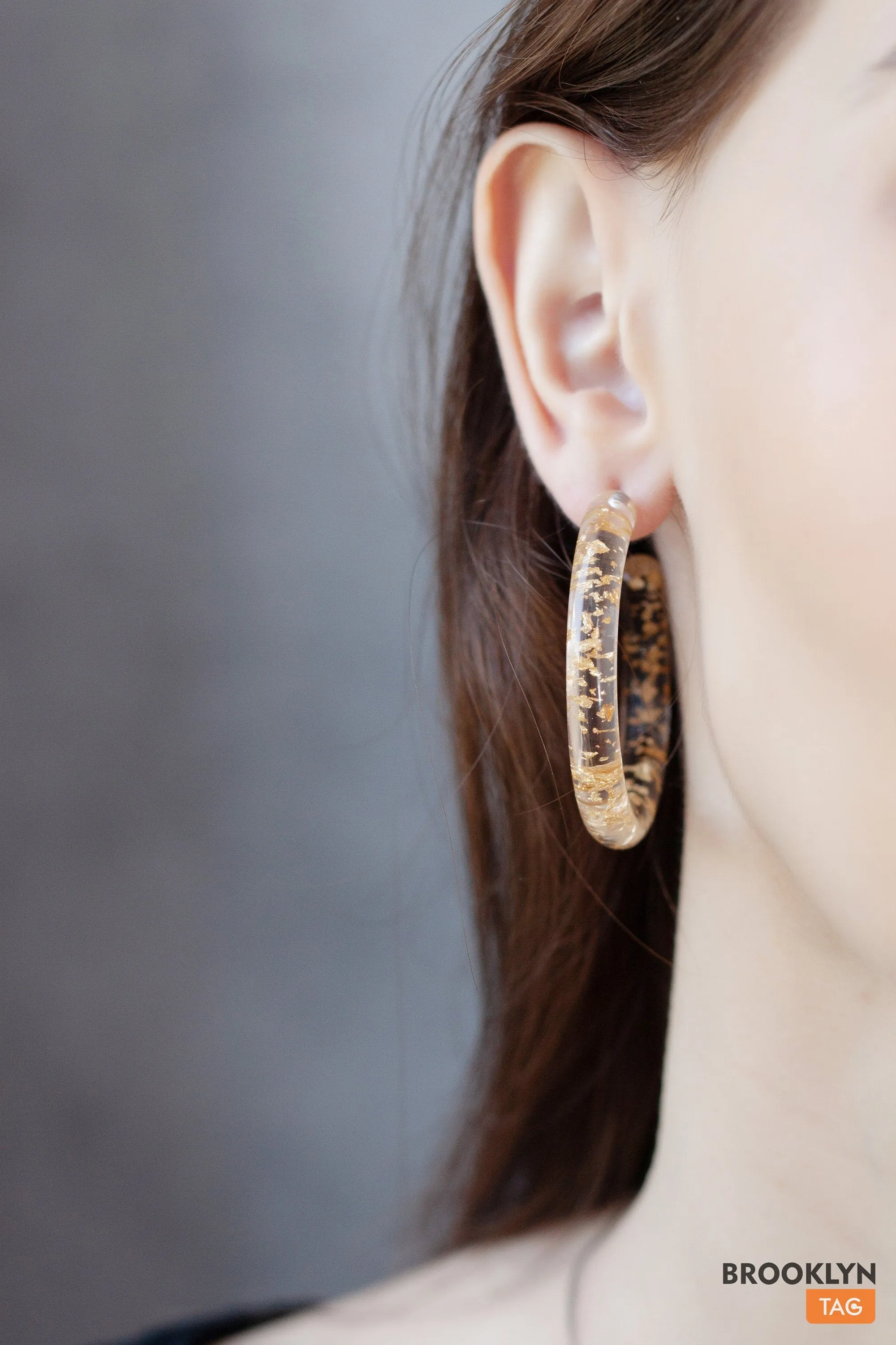 Clear Hoop Earrings with Gold Specks