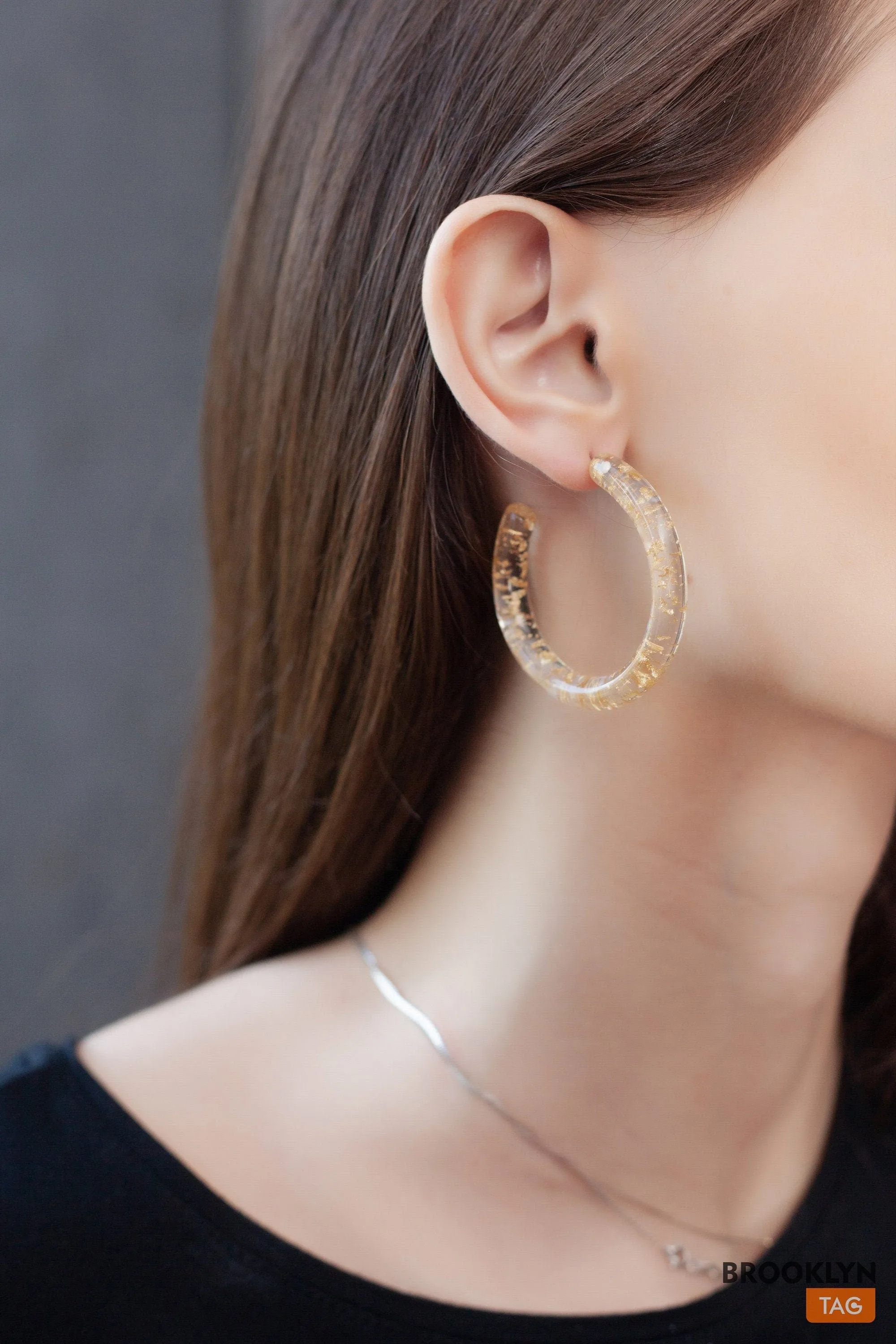 Clear Hoop Earrings with Gold Specks