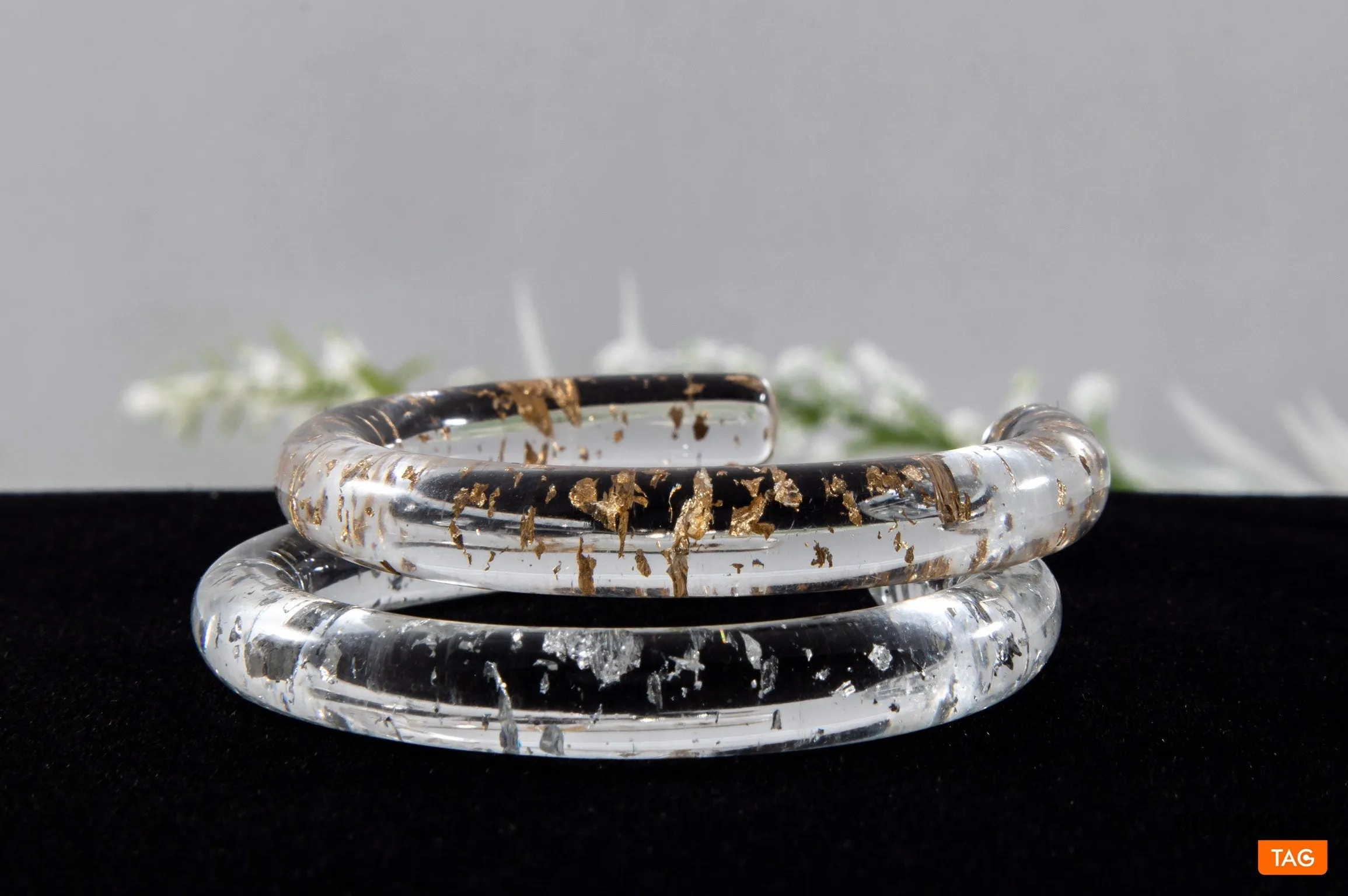 Clear Hoop Earrings with Gold Specks