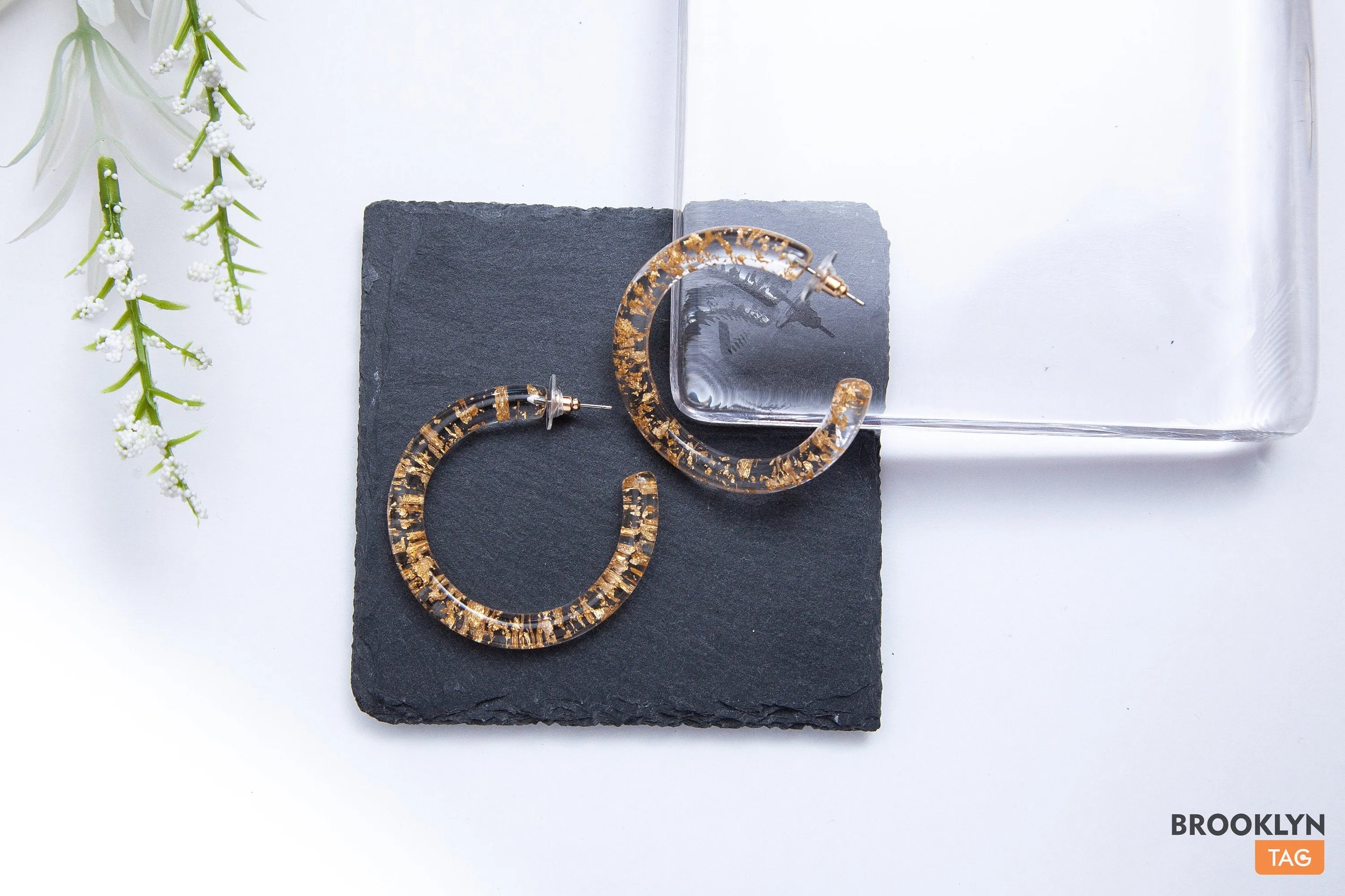 Clear Hoop Earrings with Gold Specks