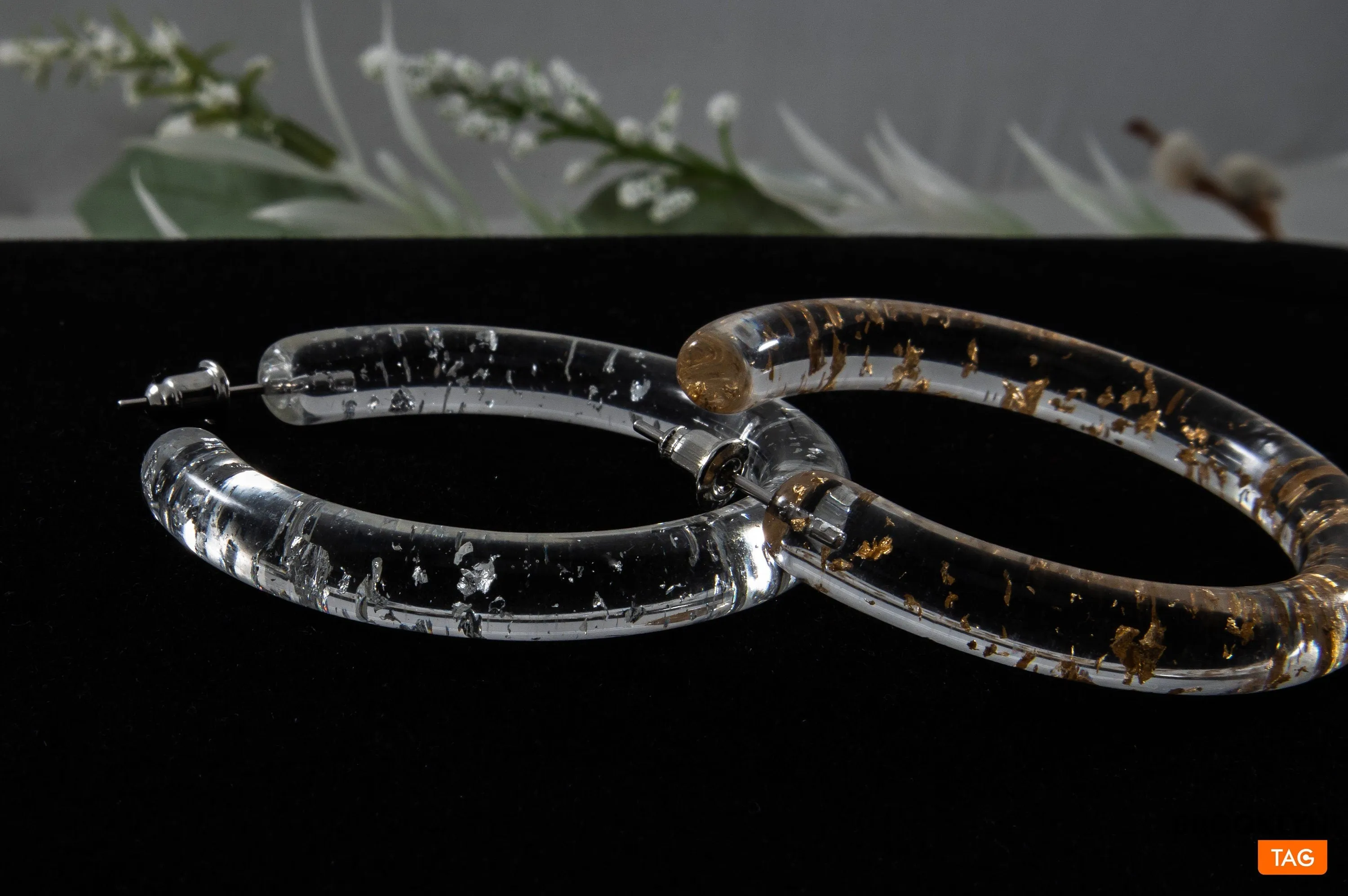 Clear Hoop Earrings with Gold Specks