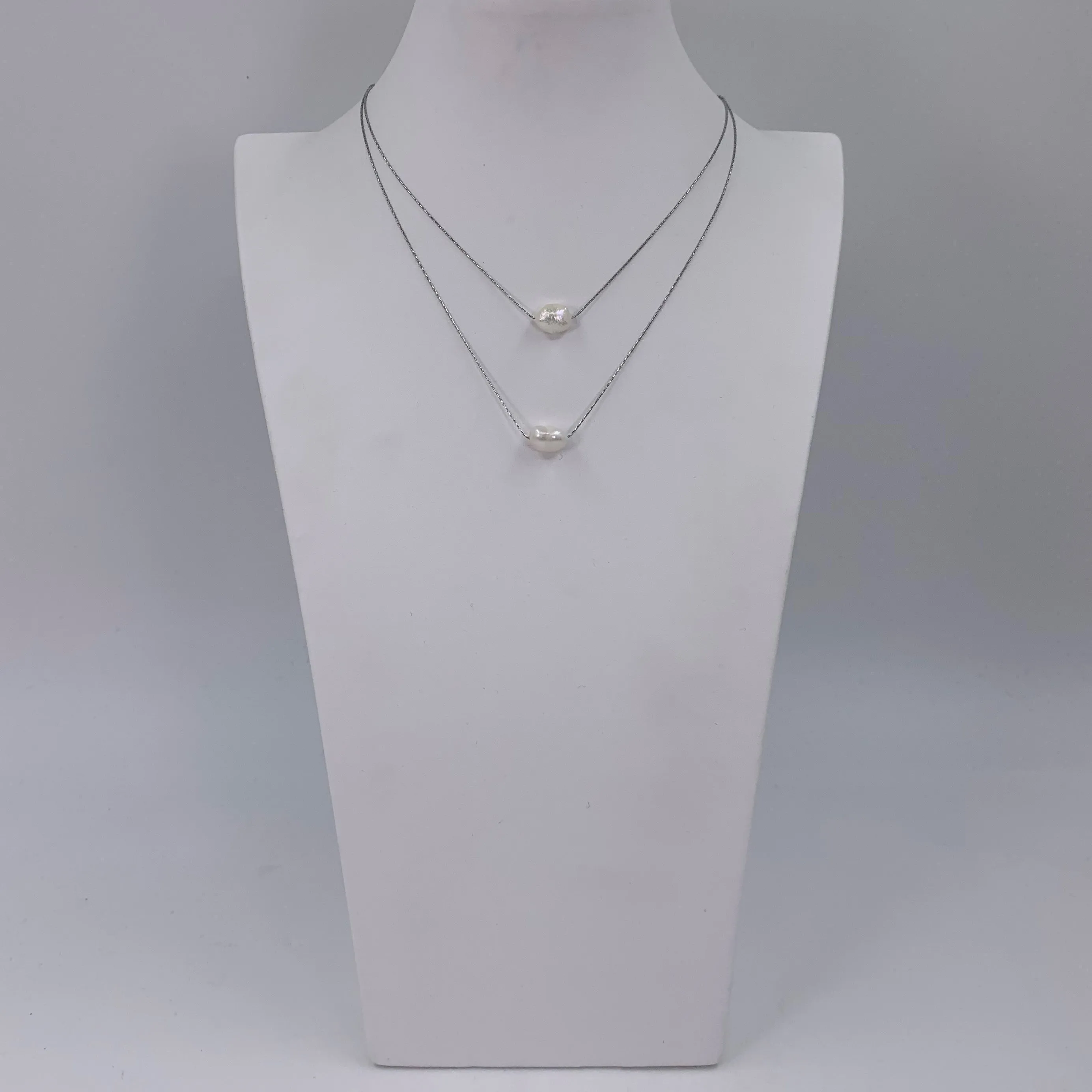Double row real pearl on super fine chain necklace