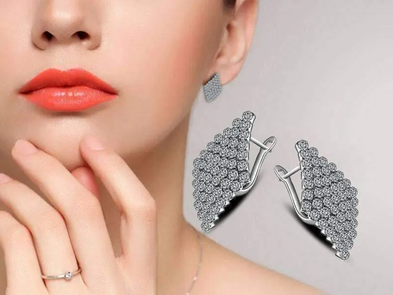 Geometric CZ Encrusted Earrings in White Crystal or Blue Crystal