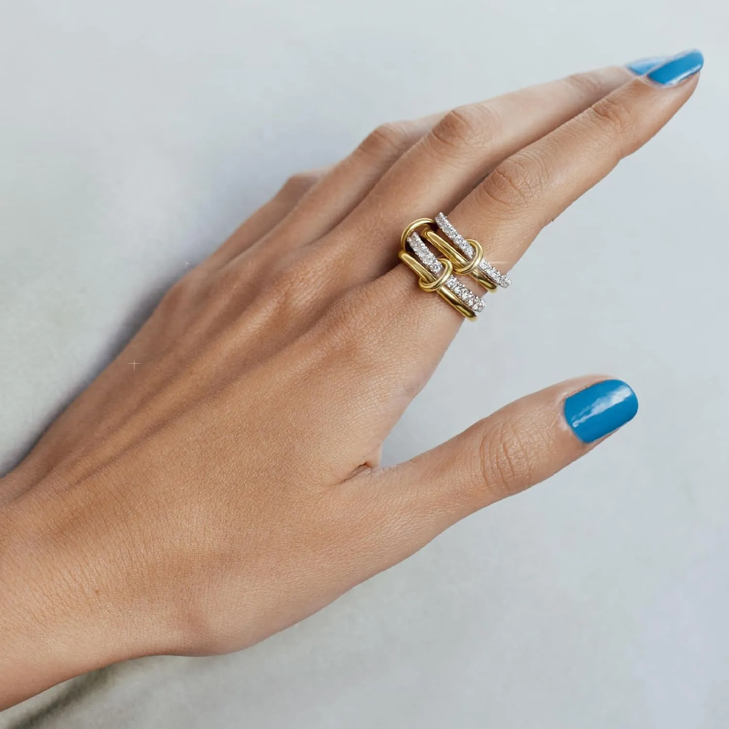 Gold Stackable Rings for Women Non Tarnish, 18k Gold Plated Cubic Zirconia Rings, Silver Gold Multi Ring Mixed Metals Stack Rings Set