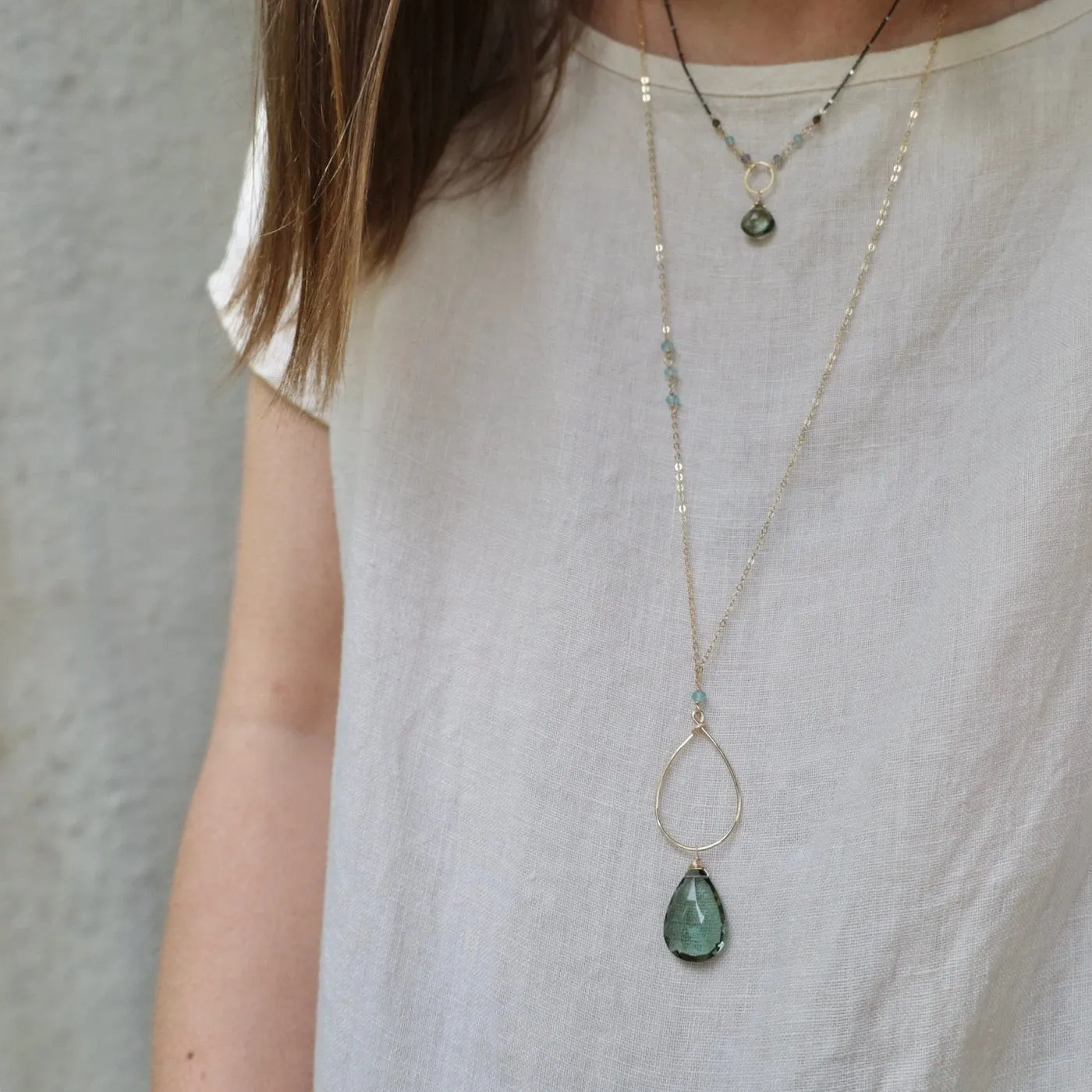 Large Green Amethyst Gold Filled Long Open Teardrop Necklace
