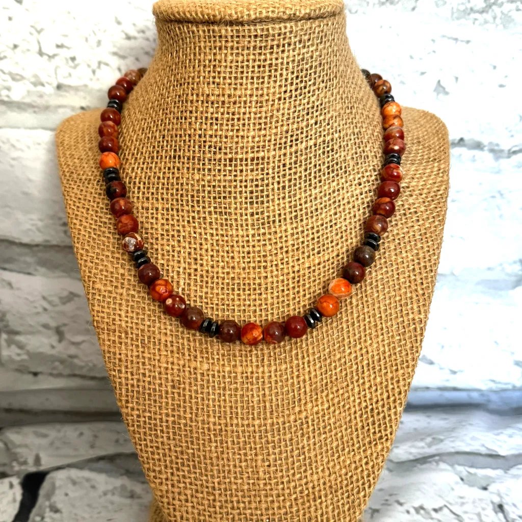 Mens Red Bend Jasper and Gunmetal Hematite Beaded Necklace