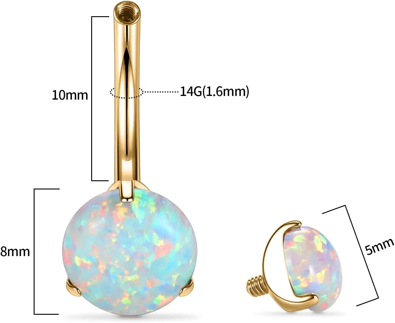PEAKLINK Opal Belly Button Ring 10mm 14G Belly Jewelry Titanium Navel Ring Internally Threaded Belly Barbell Navel Jewelry Navel Belly Piercing Jewelry for Women