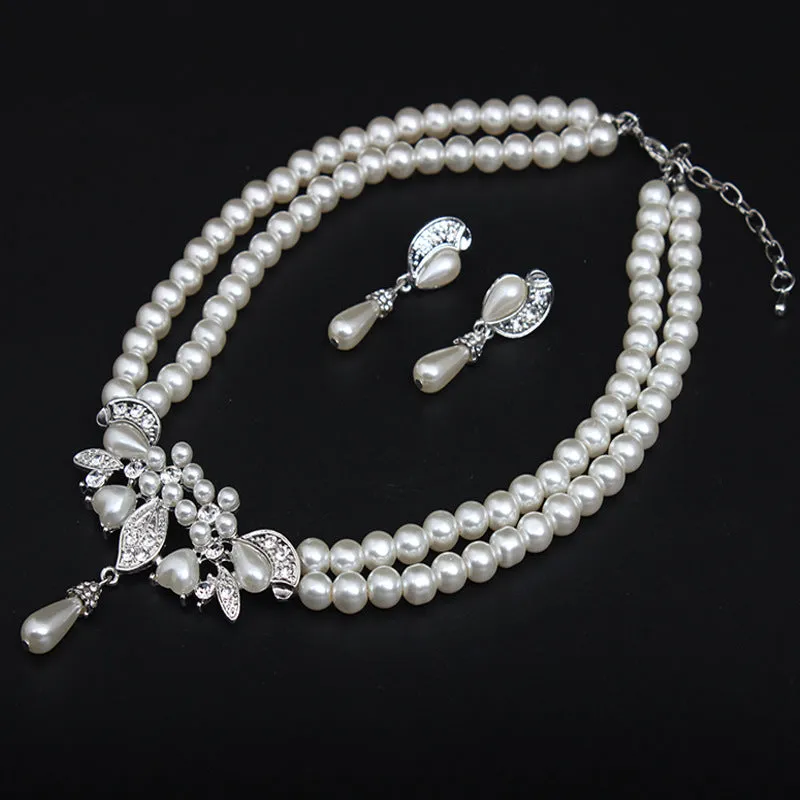 Pearl rhinestone necklace earrings set dress banquet bride female fashion