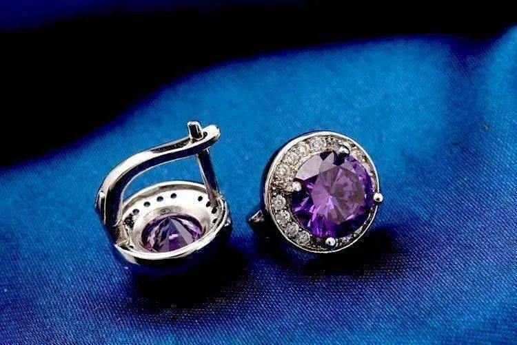 Round Cut Halo 3Ctw Simulated Sapphire Cz Set On 18K White Gold Plated Earrings for Women in Five Elegant Colors Special Occasion