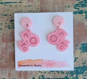 Tractor Dangle earrings Pink sparkle, Country farming
