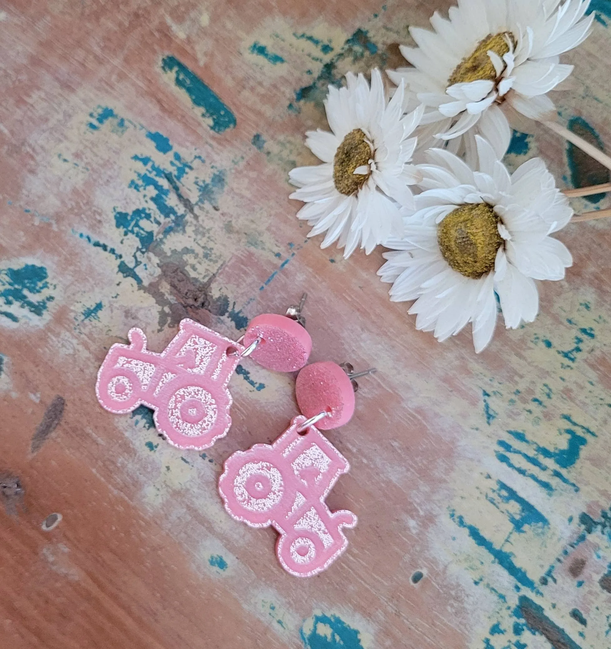 Tractor Dangle earrings Pink sparkle, Country farming