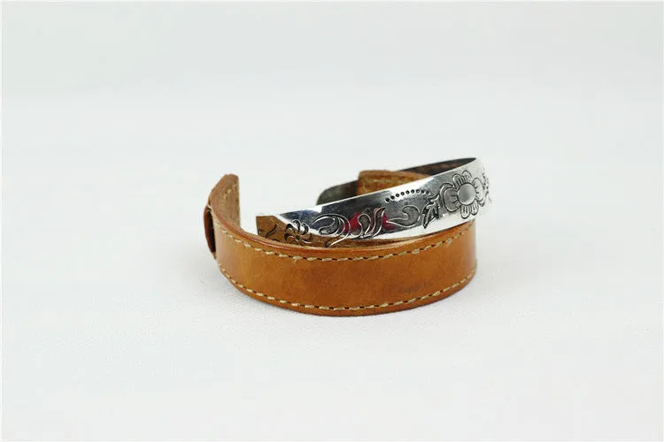 Vintage Handmade Leather Bracelets Silver Alloy Carving Leather Bracelet X007