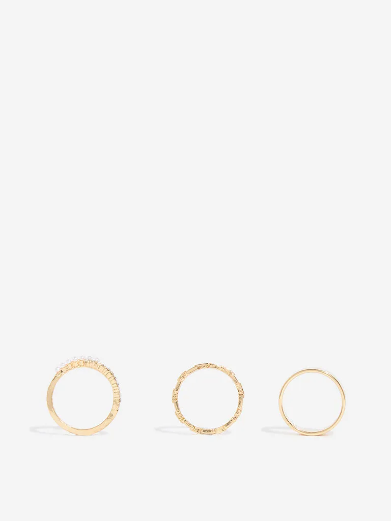 Westside Accessories Gold Pearl & Stone Embellished Rings - Pack of 3
