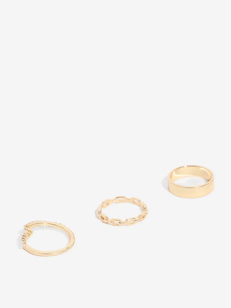 Westside Accessories Gold Pearl & Stone Embellished Rings - Pack of 3